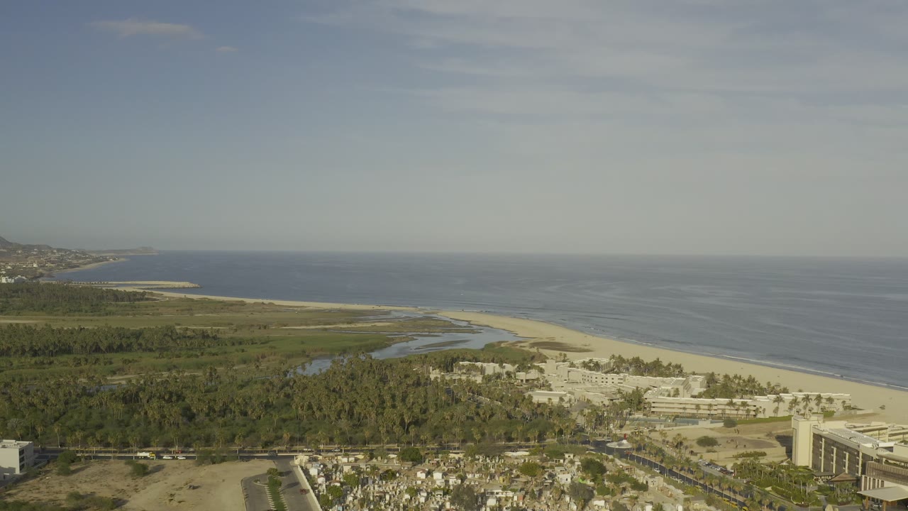 Aerial view of coastline, beach, palms, buildings, and open ocean.