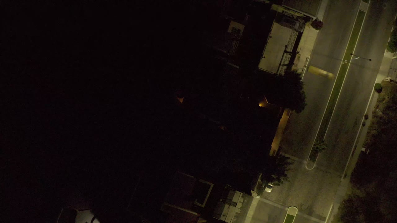 Top-down night frame in Los Cabos, Mexico, showing the lit roadway shifted slightly through the composition, with dark roofs, trees, sidewalks, and no visible people.