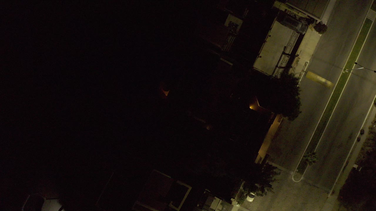 Overhead night view in Los Cabos, Mexico, showing an empty road lit by streetlights beside dark trees and low buildings, with no visible people.