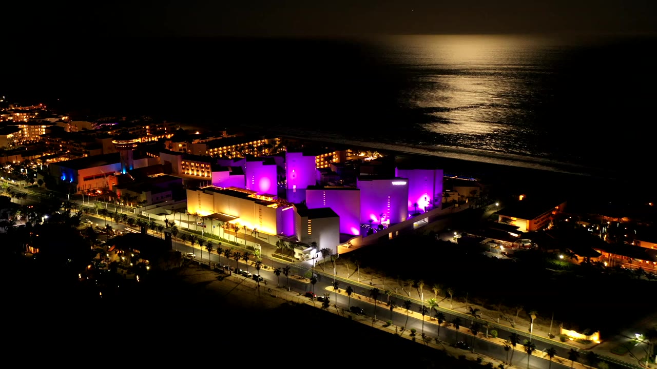 Night aerial over Los Cabos showing a purple and amber-lit waterfront complex, roads in the foreground, moonlit ocean in the background, and no visible people.