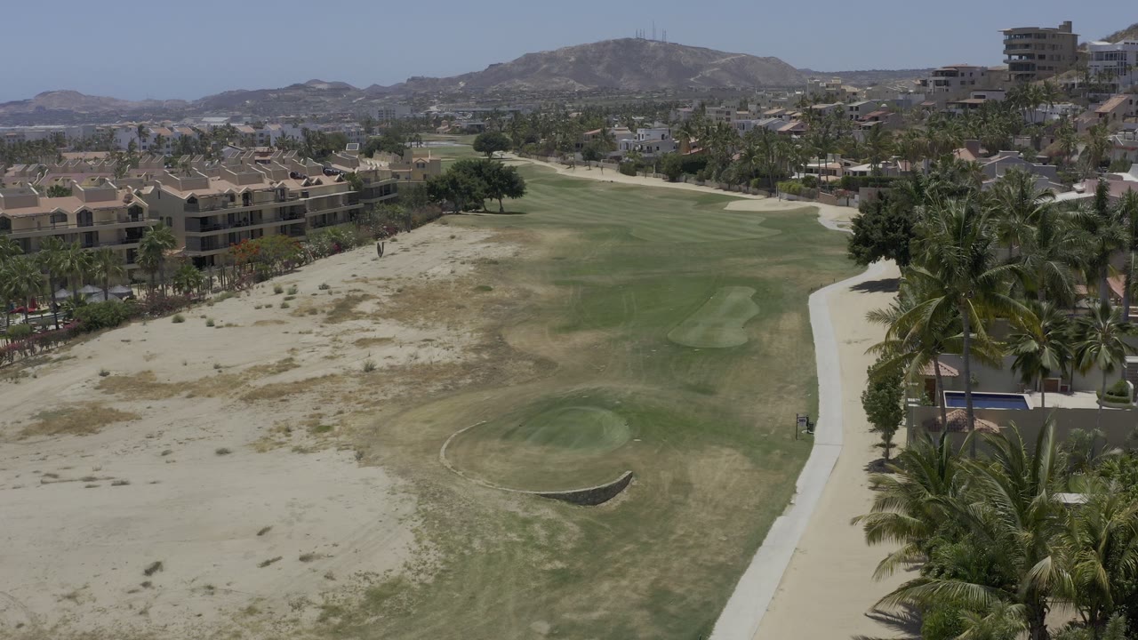 Aerial view over sandy ground, green grass, palms, buildings, and distant mountains.