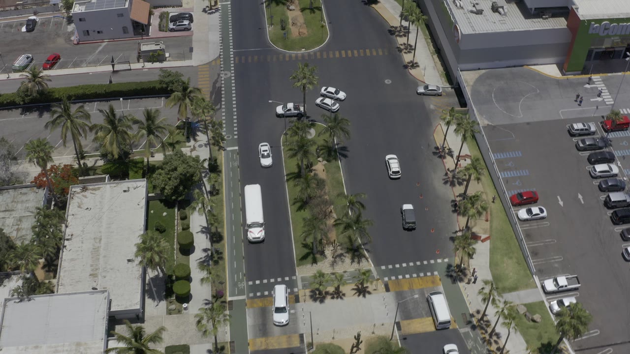 Overhead street view with cars, crosswalks, palms, and commercial buildings.