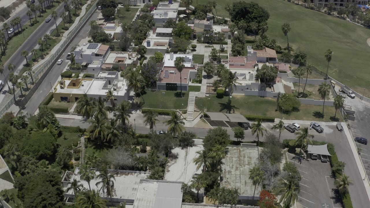 High aerial view over Los Cabos, Mexico, showing white-roofed homes, palm trees, intersecting roads, parked cars, and a broad grass area, with no visible people.