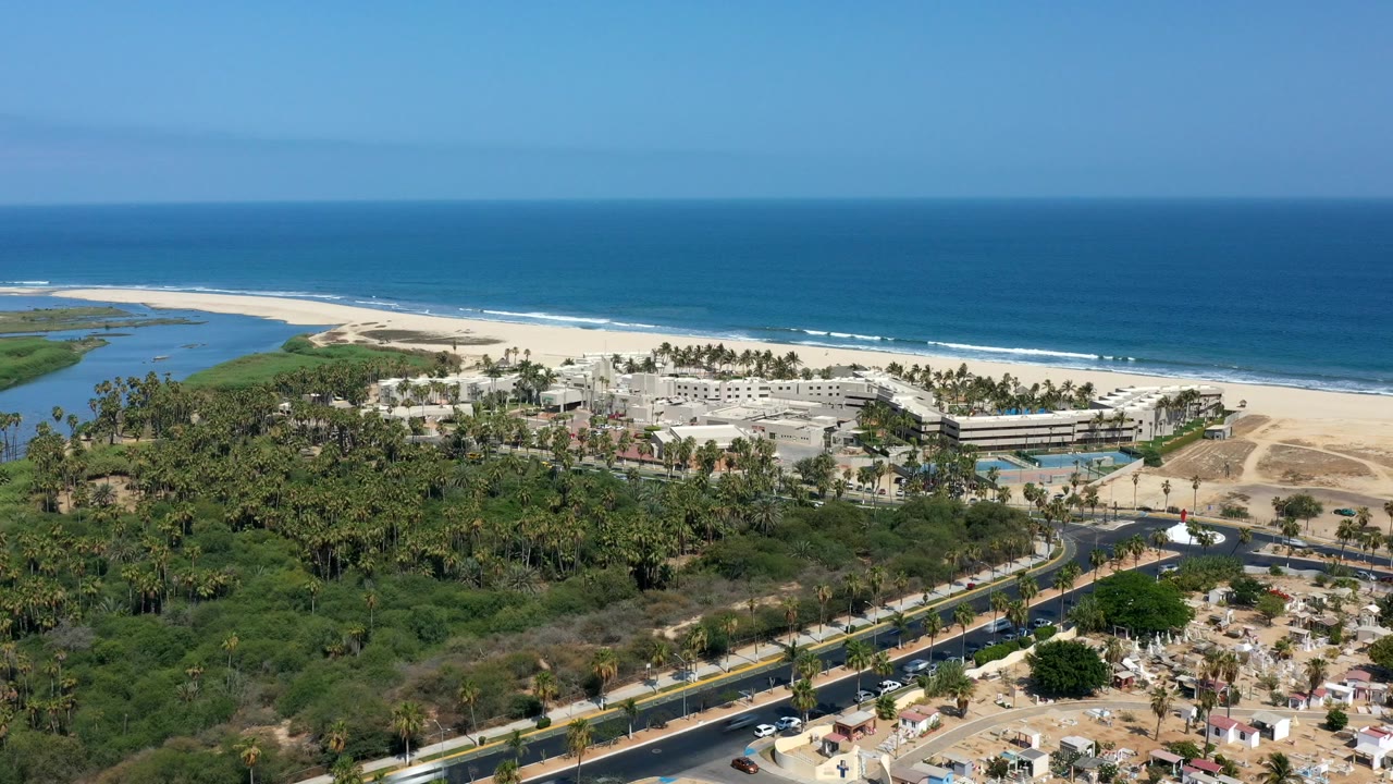 Aerial view of ocean waves, sandy beach, palms, buildings, and a coastal road.