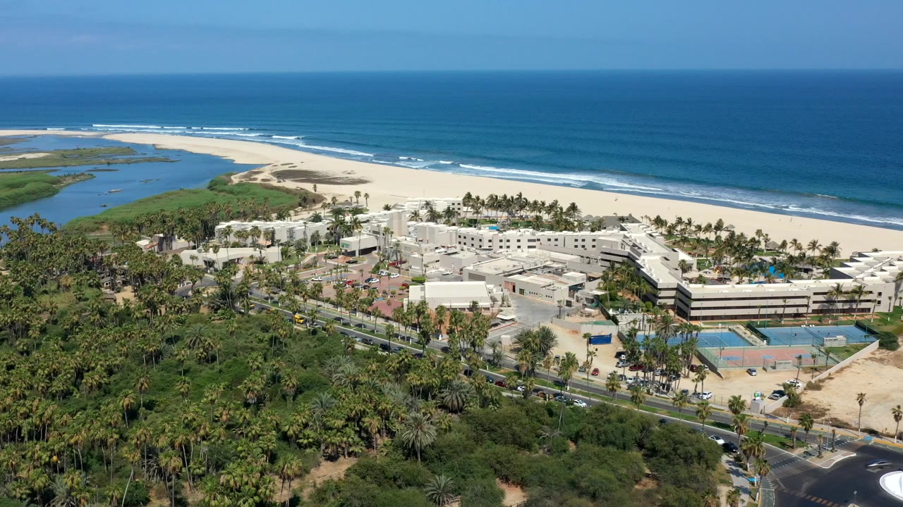 Aerial view of beach resort, palm trees, road, sand, inlet, and blue ocean.