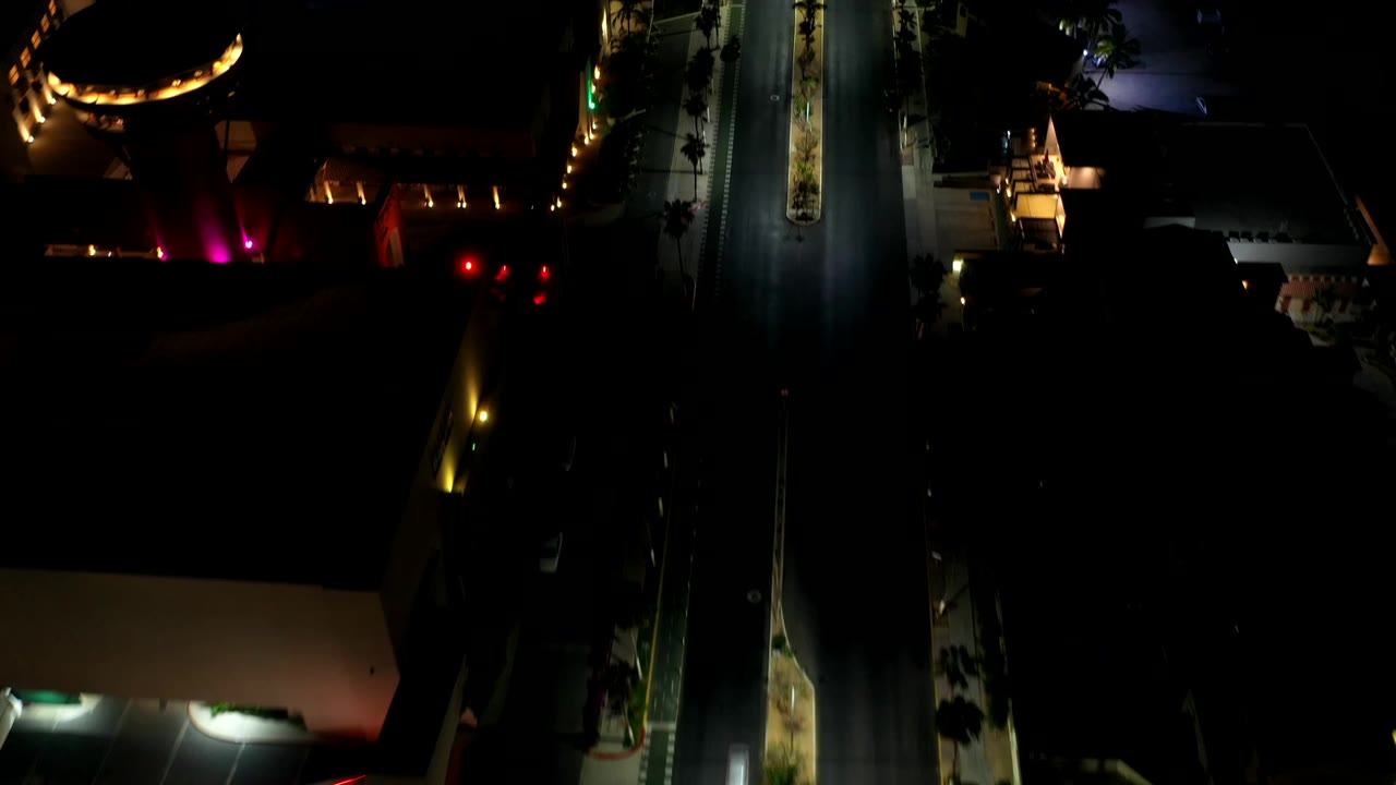 Night aerial with a road, palm-lined sidewalk, and colored building lights.