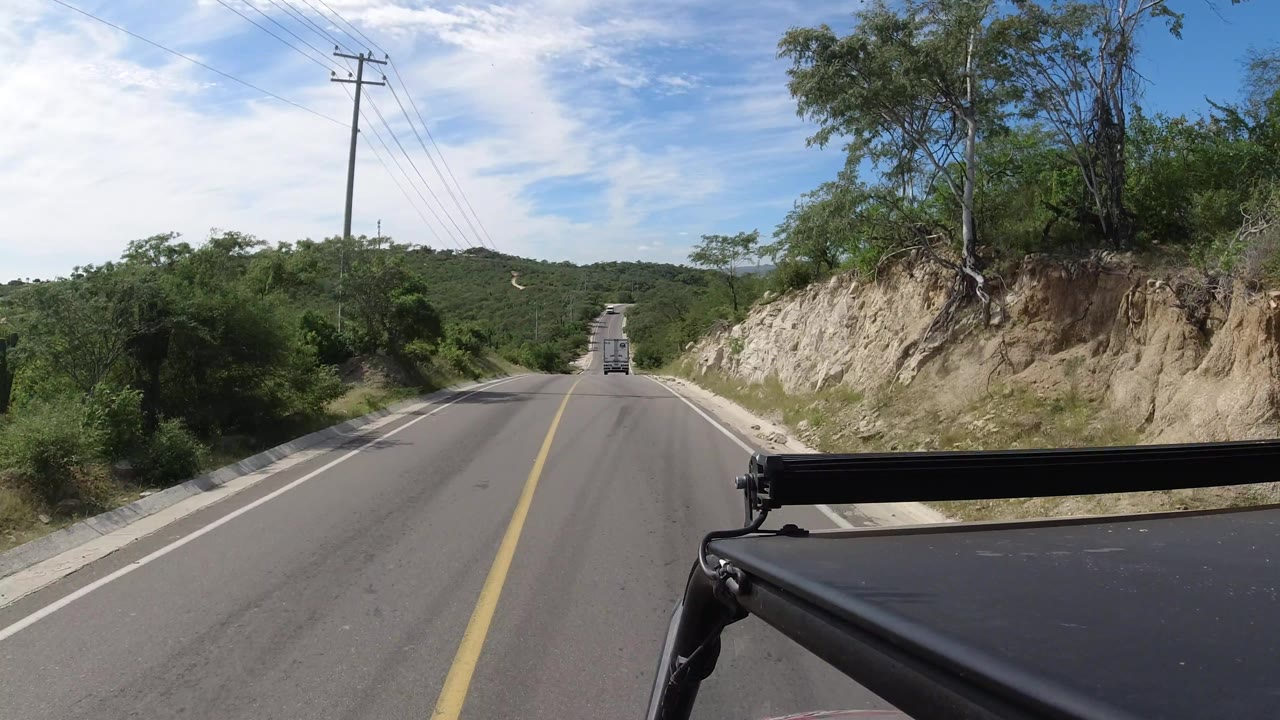 Road curving past scrub and a utility pole.
