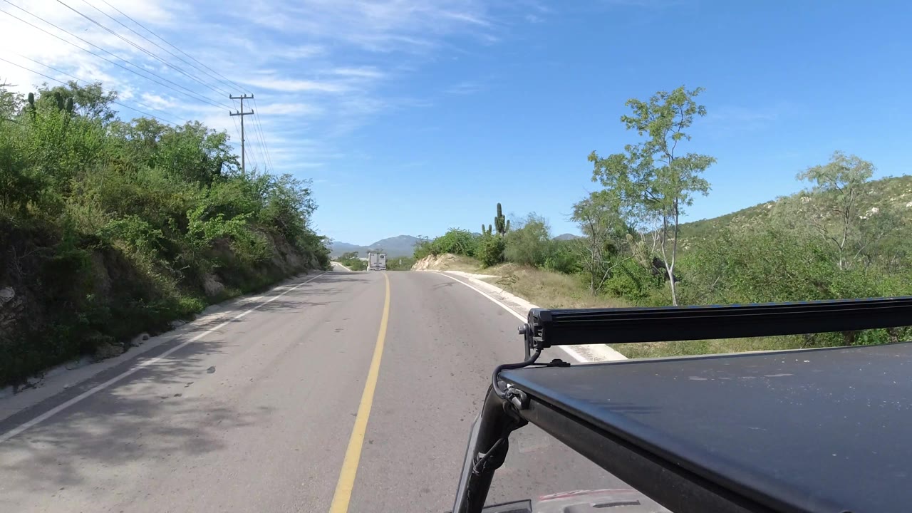 Curving road with dense bushes, roadside signs, and cactus-covered hills in daylight.