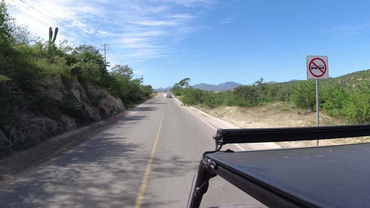 Two-lane road with no car sign and green roadside brush