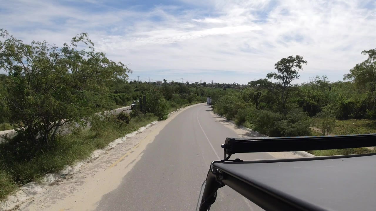 Forward view from a vehicle on a paved Los Cabos road with green shrubs, trees, sandy shoulders, and black vehicle hardware in the lower right, with no visible people.
