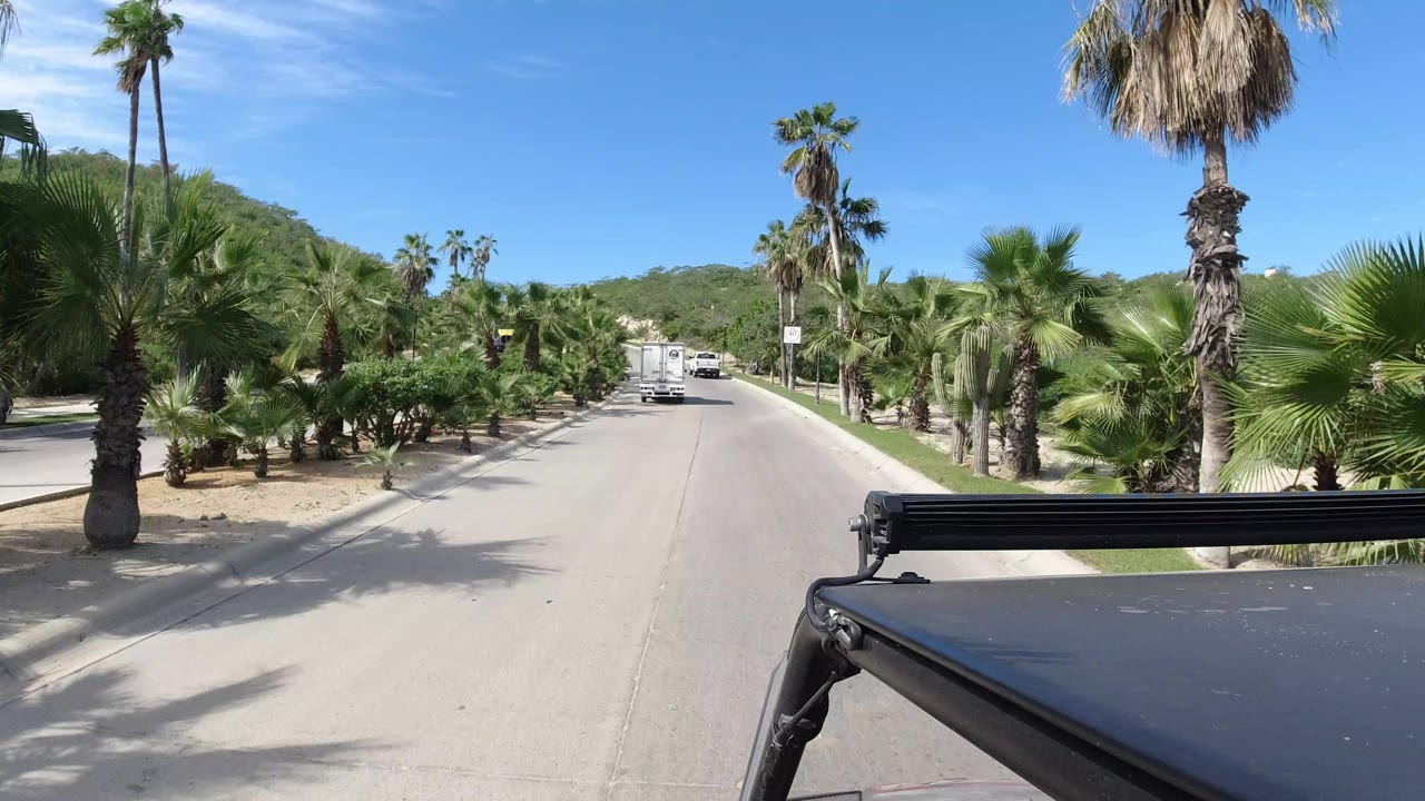 The road continues through Los Cabos landscaping with palms close to the curb, low shrubs, a distant white vehicle, and the filming vehicle edge visible in the foreground, with no visible people.