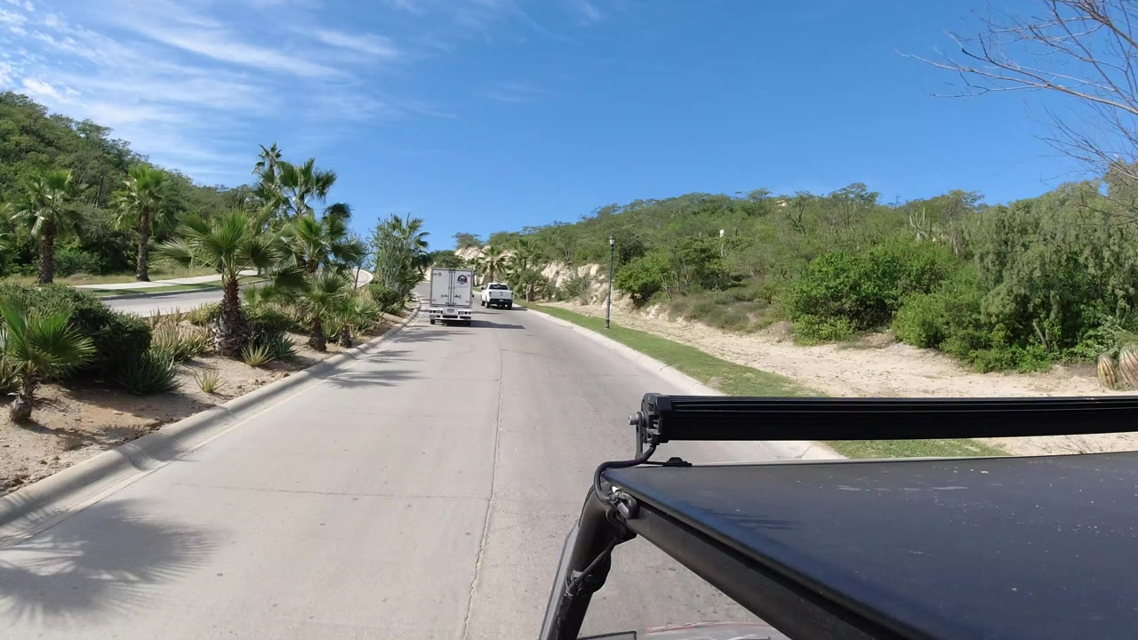 A Los Cabos road view shows a white vehicle ahead, palms and shrubs along sandy shoulders, blue sky, and no visible people.