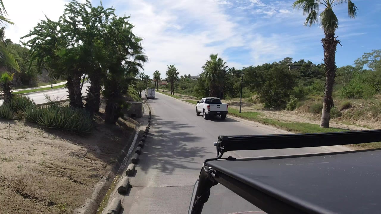 Vehicle-mounted view in Los Cabos showing a white pickup ahead on a paved road with palm trees, shrubs, a curb, and no visible people.