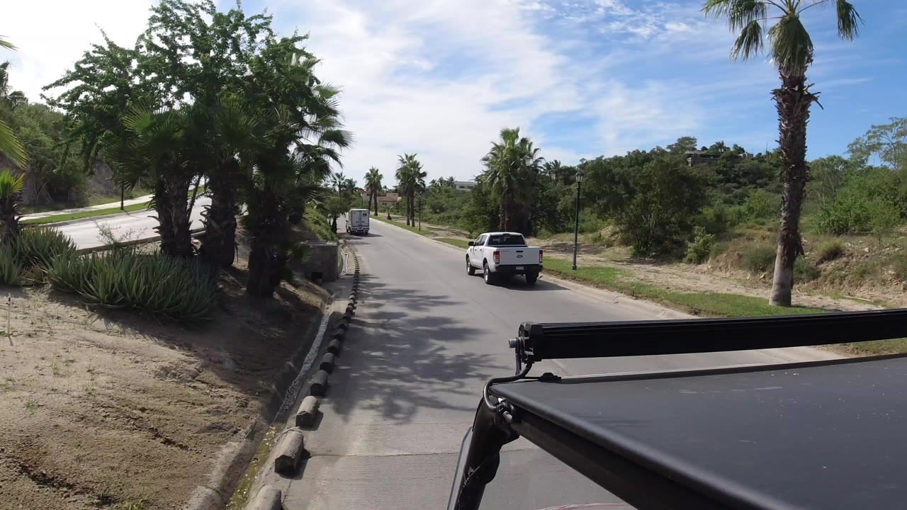 Los Cabos road view one second in, with the white pickup farther ahead, palms and dry greenery beside the curb, and no visible people.