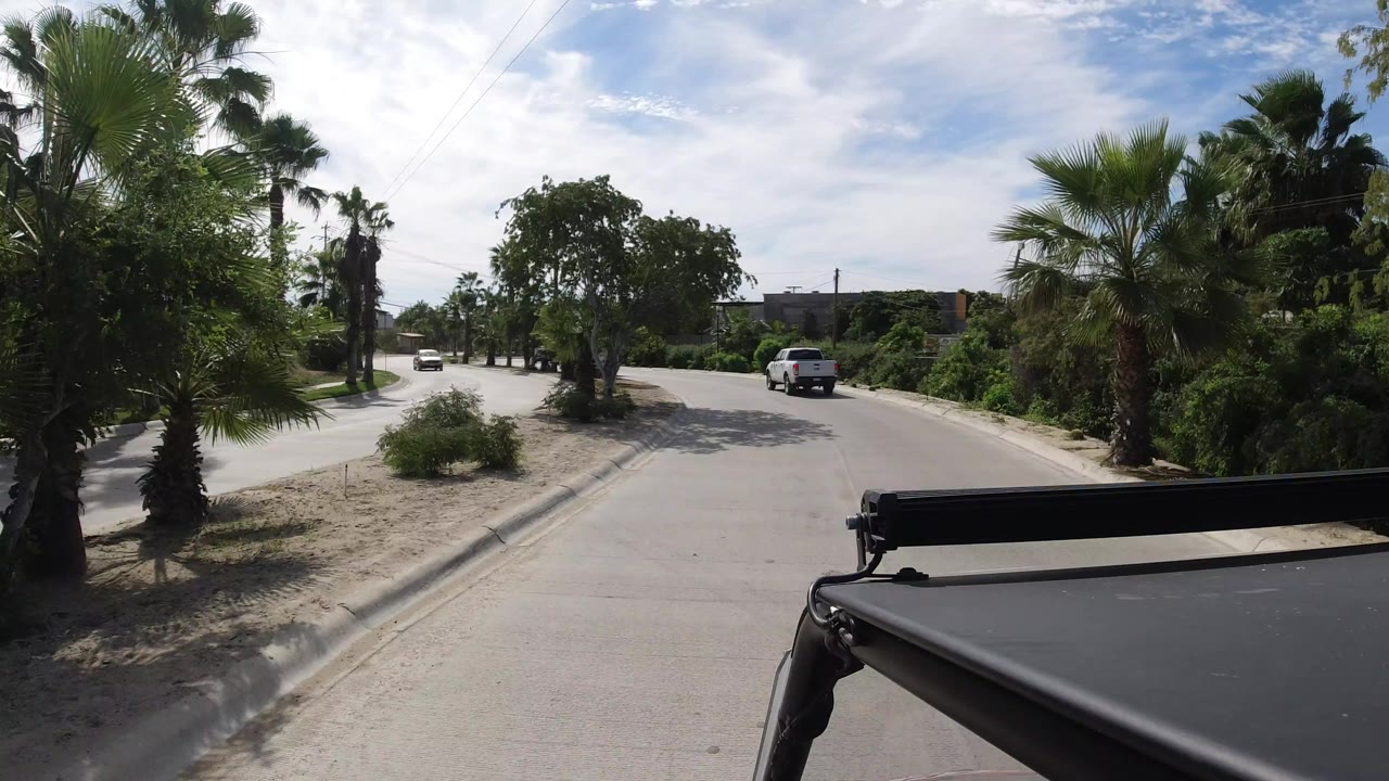 White pickup continues ahead on the Los Cabos road as palms, shrubs, sandy shoulder, and low buildings frame the street, with no visible people.