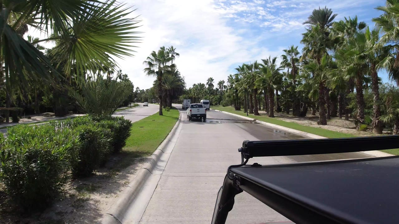 The Los Cabos roadway continues between trimmed grass and palms, with a white van ahead, a black foreground edge, bright clouded sky, and no visible people.