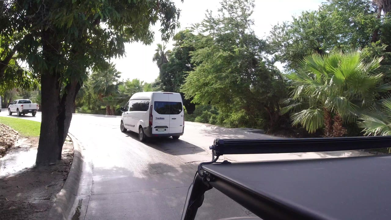 White van moves farther along the Los Cabos roadway, framed by a dark foreground rail, palm fronds, curbside greenery, and no visible people.