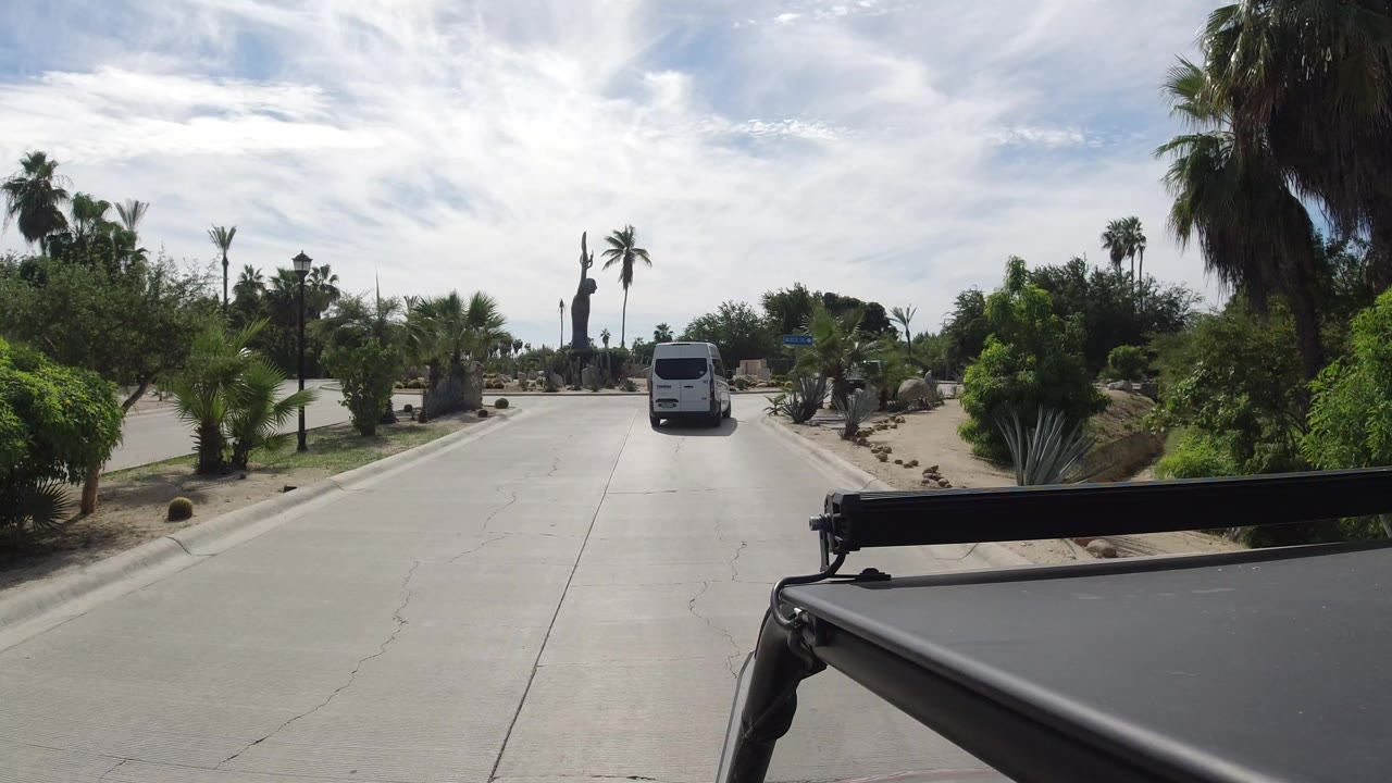 Los Cabos roadway view with a white van moving near a landscaped roundabout, palm trees, shrubs, rocks, and no visible people.