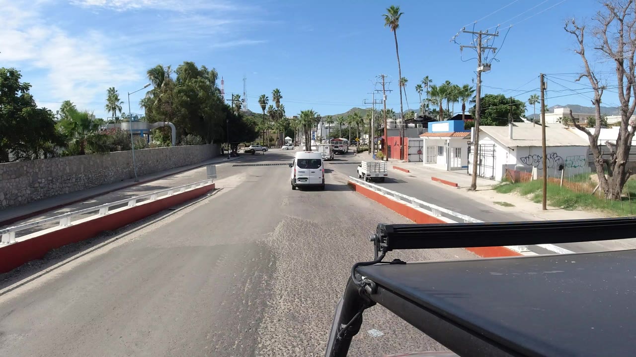 Sunlit road with a white van ahead, palm trees, utility poles, and roadside buildings.