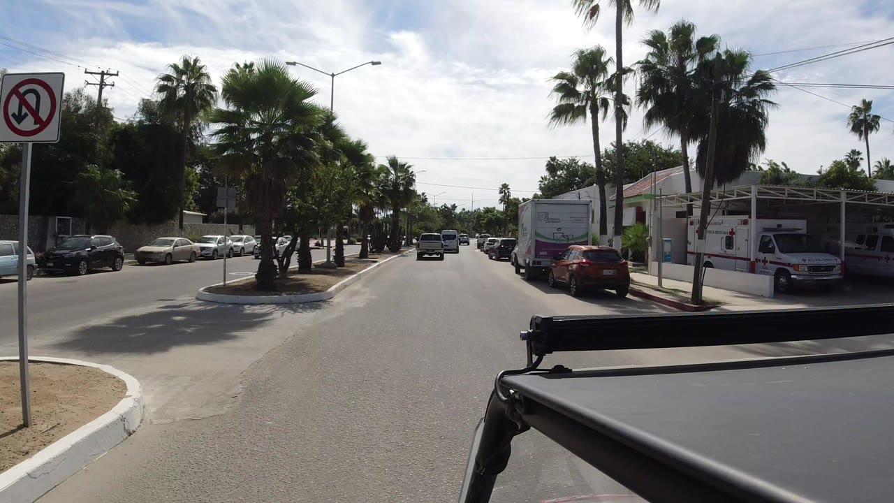 Palm-lined street seen from a vehicle with a no U-turn sign and parked cars.