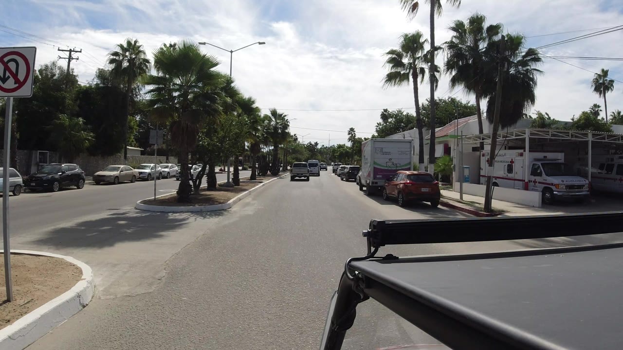 Los Cabos road scene with the camera mount visible at the bottom, palms and parked cars on both sides, a white roadside building, overhead wires, and no visible people.