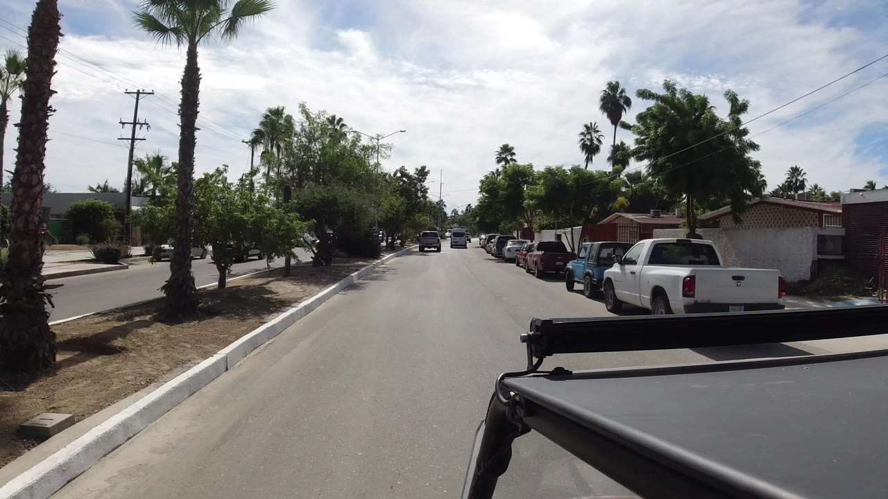 Forward view down a sunlit street with palm trees and parked cars.