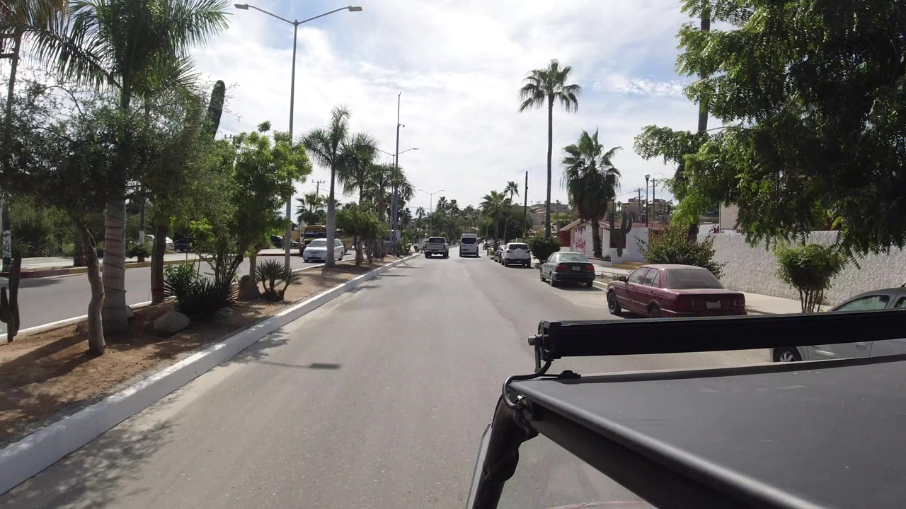 Los Cabos roadway with palm trees, curbside landscaping, parked cars, moving traffic ahead, and no visible people as the vehicle advances.