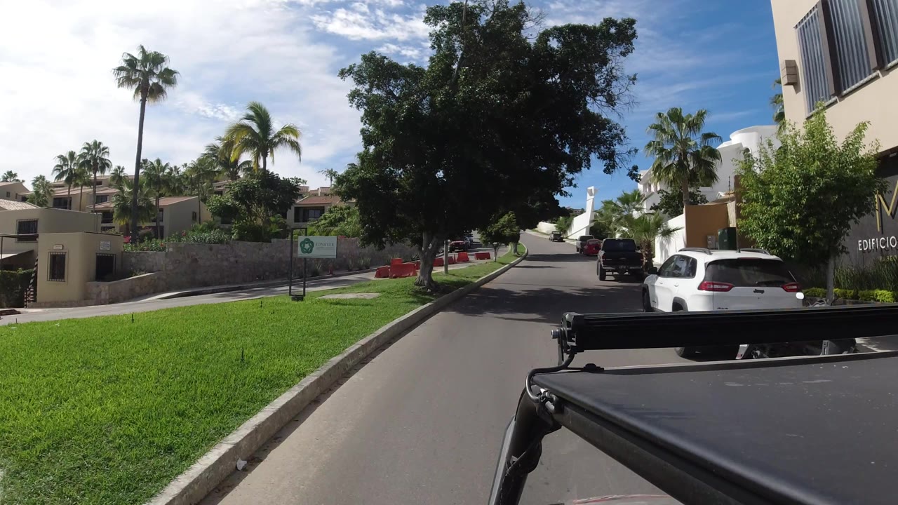 Residential street with a white SUV, palms, lawn, and building signage near the curb.
