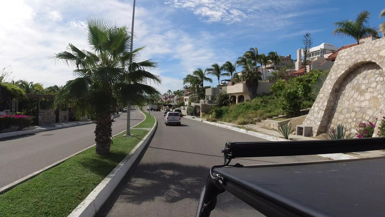 Los Cabos street view with a white car traveling ahead, palms on both sides, a stone wall at right, low residential buildings, and no visible people.