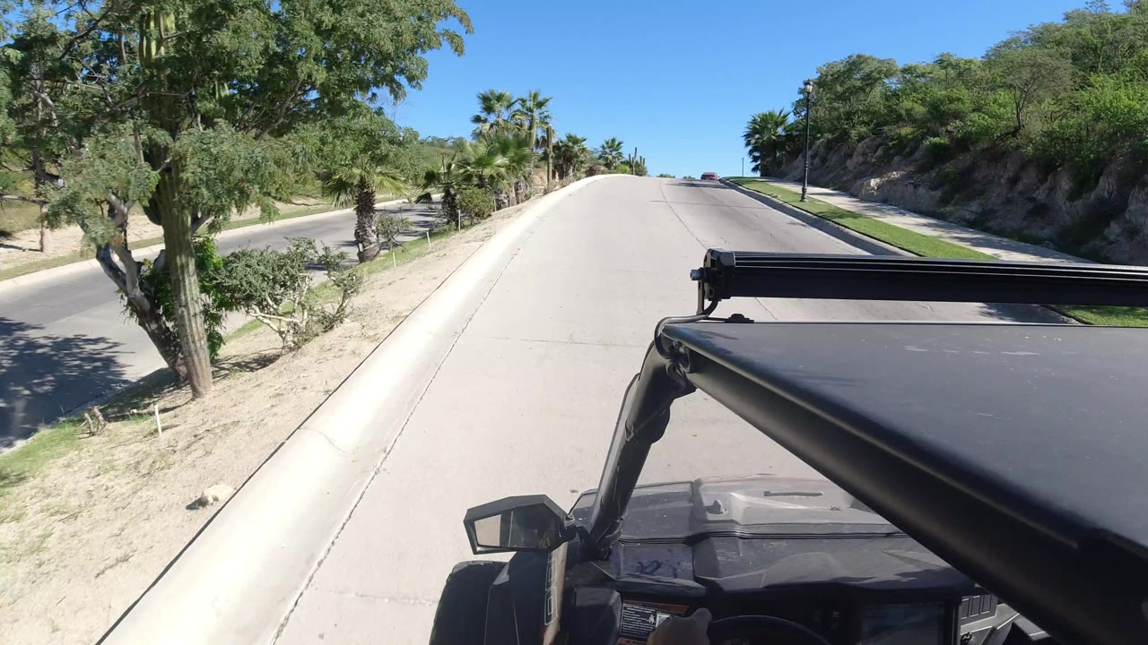 The camera view continues along the Los Cabos road with leafy trees, small palms, sandy ground, and the same vehicle structure fixed in the foreground, with no visible people.