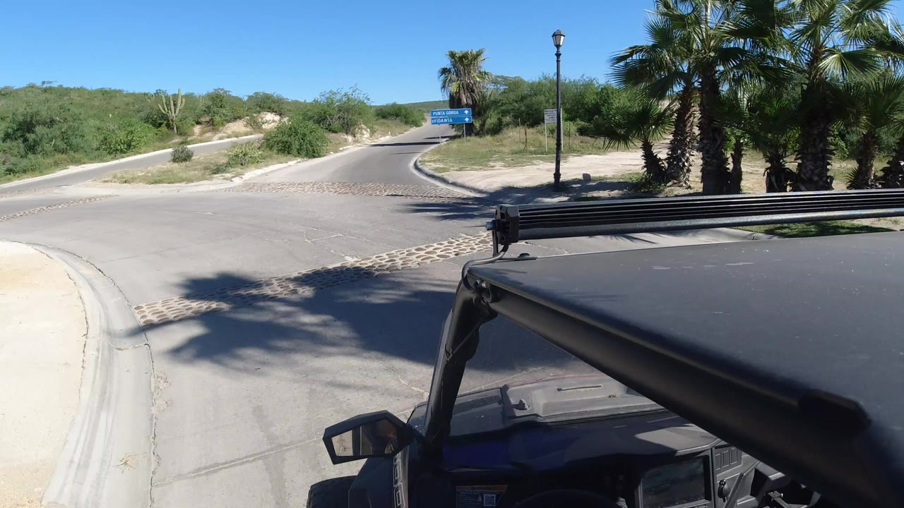 Open vehicle approaches a rural road junction with blue signs and palm trees.