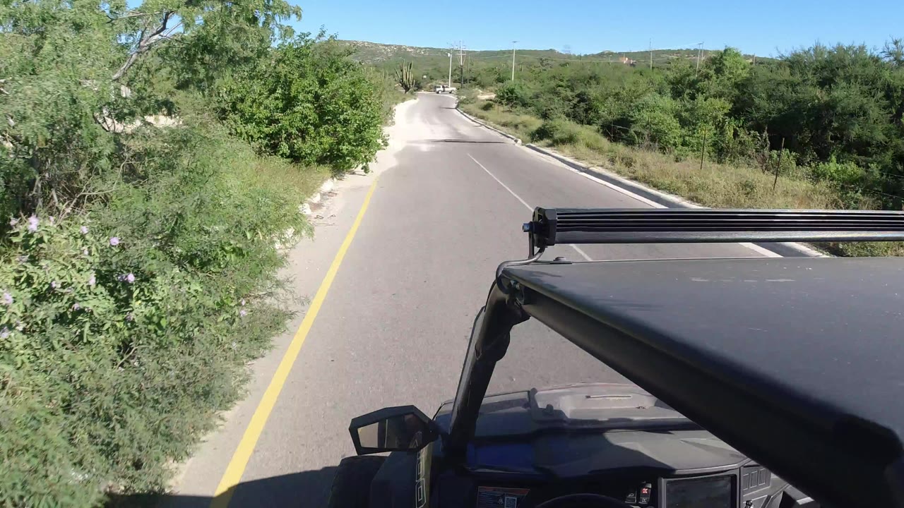 High vehicle-mounted view over a black mini SUV hood on a paved Los Cabos road, with dense green roadside brush, sandy shoulders, low hills, blue sky, and no visible people.