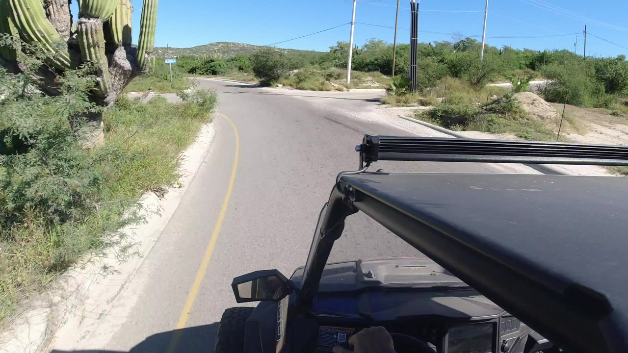 Forward view over a black off-road vehicle roof on a curving road in Los Cabos, Mexico, with tall cacti, scrub, utility poles, low hills, blue sky, and no visible people.