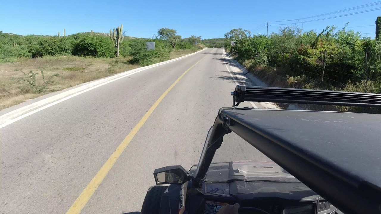 Forward vehicle-mounted view on a paved road in Los Cabos, Mexico, with scrubby roadside greenery, cactus, blue sky, and no visible people.