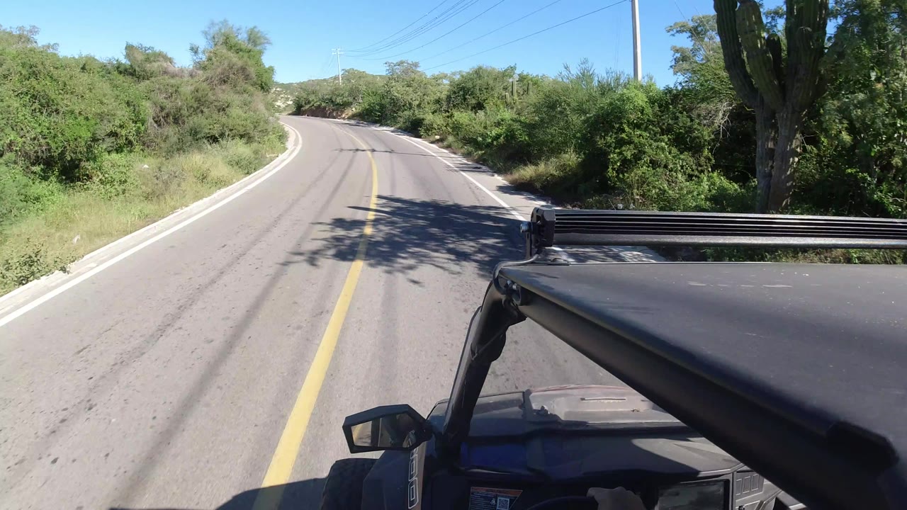 A Los Cabos, Mexico road view continues toward a gentle left curve, with the yellow centerline near the middle of frame, vehicle roof edge at lower right, dense trees, and no visible people.
