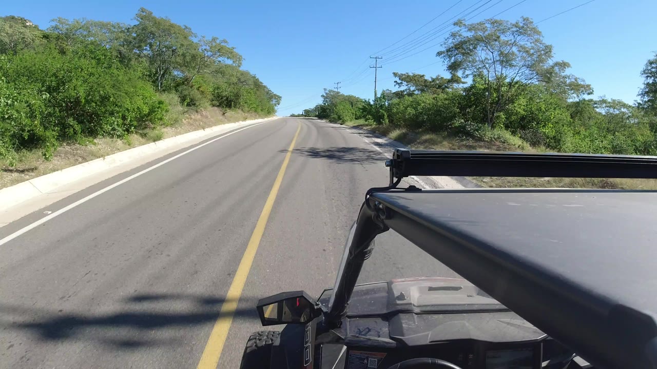 The vehicle-mounted view continues along a sunny Los Cabos road with pale sandy shoulders, dense green brush, and no visible people.