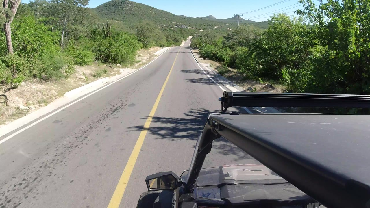 Two-lane road ahead with vehicle roof and roadside greenery