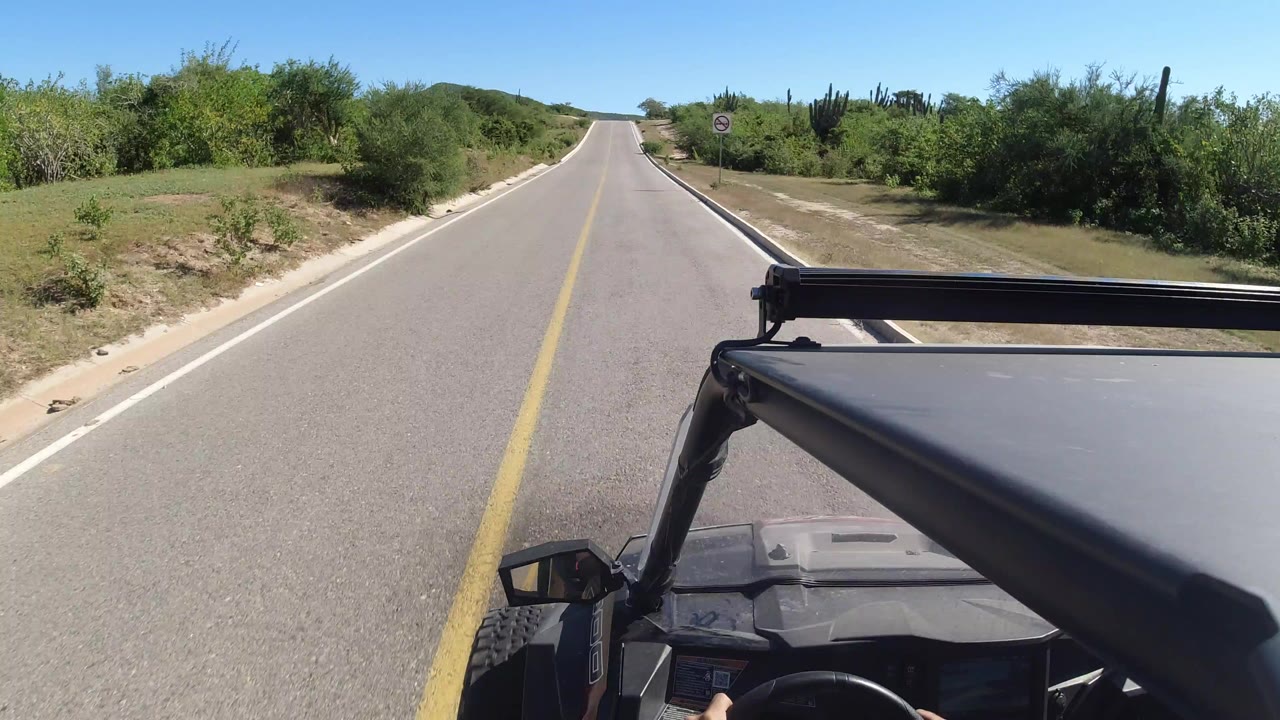 Forward view from a moving vehicle on an empty Los Cabos road, with a yellow centerline, green brush on both sides, blue sky overhead, and no visible people.