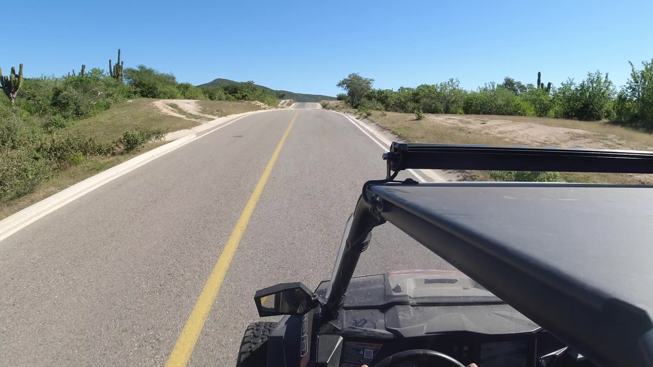 Paved road curving slightly past sandy side tracks and desert vegetation