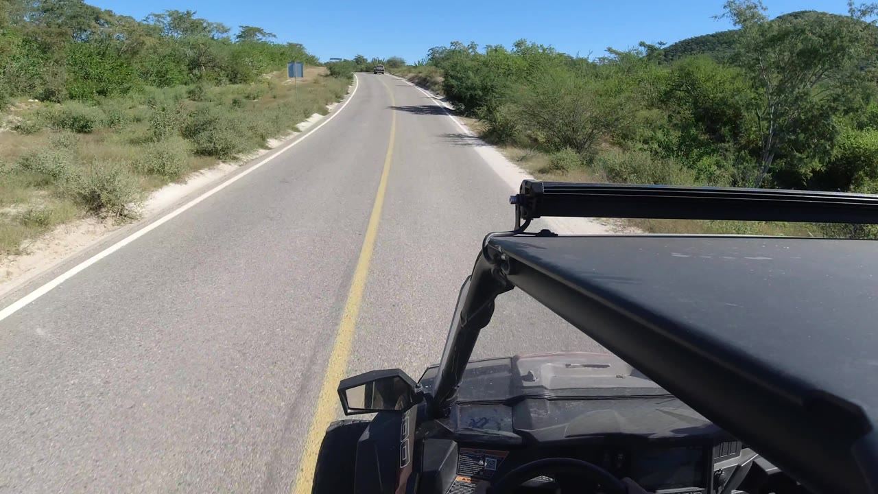 Road curving right with vehicle foreground and shrubs