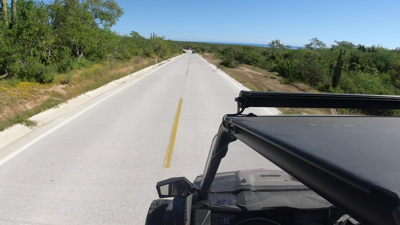 Forward vehicle POV on a straight pale road in Los Cabos, Mexico, with the black hood at lower right, green roadside brush, cactus, blue sky, and no visible people.