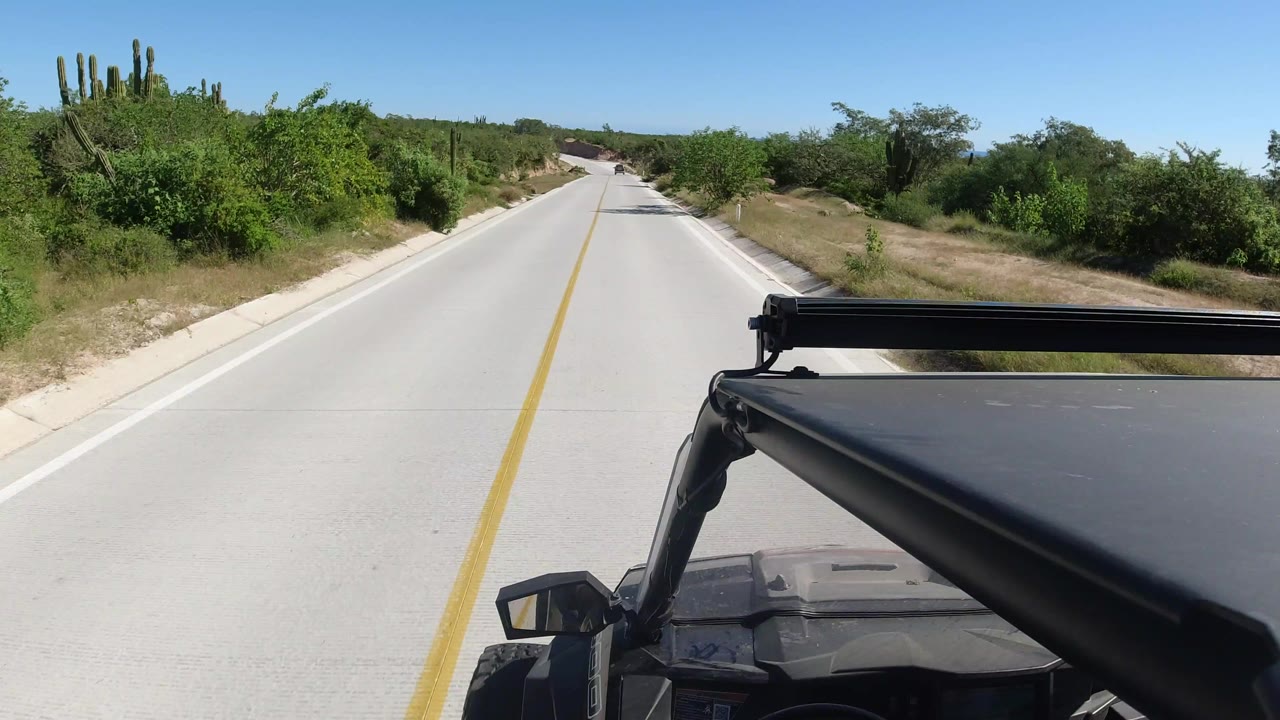 The second moment shows the same Los Cabos road from above the vehicle roof, with the yellow line centered and dense green shrubs and cacti on both sides, with no visible people.