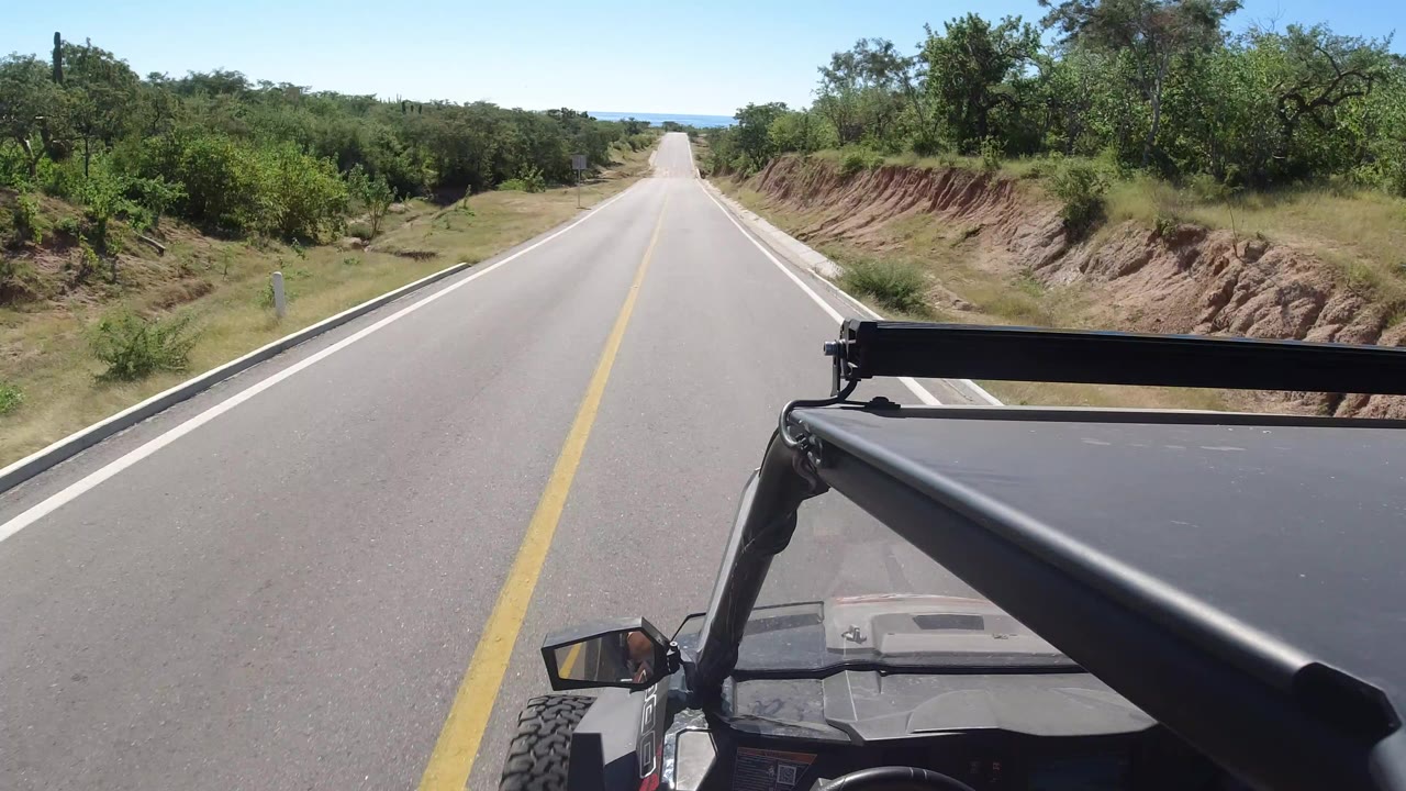 Forward road view in Los Cabos, Mexico from a mounted SUV angle, with the hood and roof bar at lower right, trees lining both sides, and no visible people.