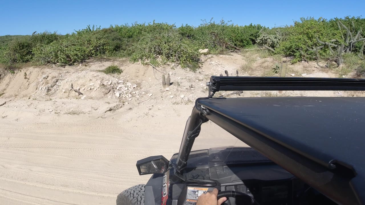 Hand on the sand car controls as the vehicle passes brush and sand.