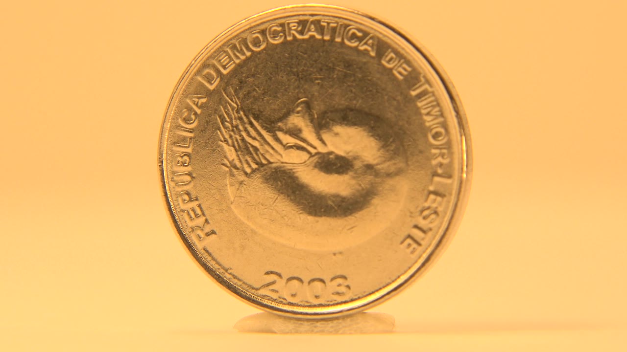 A gold-toned coin stands upright with its front face visible, showing circular lettering and the year 2003 against a warm yellow background, with no visible people.