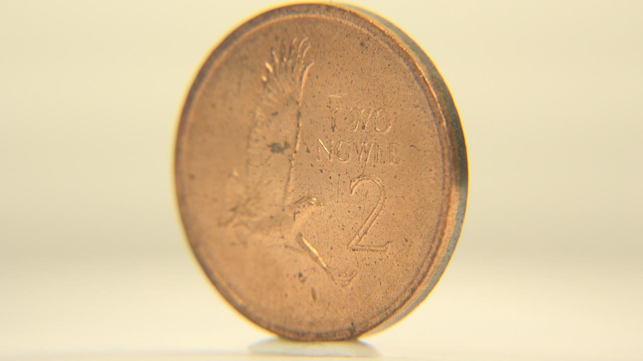 A gold-colored Zambian coin stands nearly front-facing on a pale reflective surface in warm light, with no visible people.