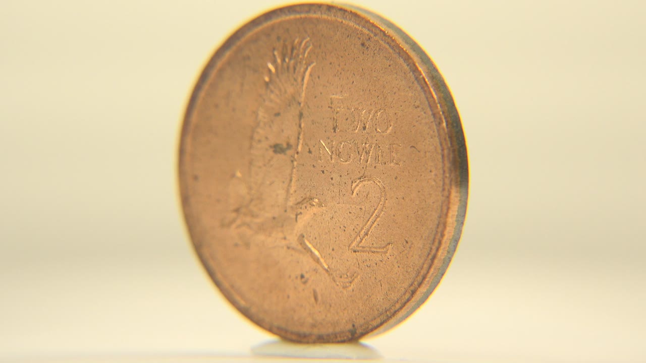 The Zambian coin remains upright and front-facing, with the number 2 and worn metal surface visible, and no visible people.