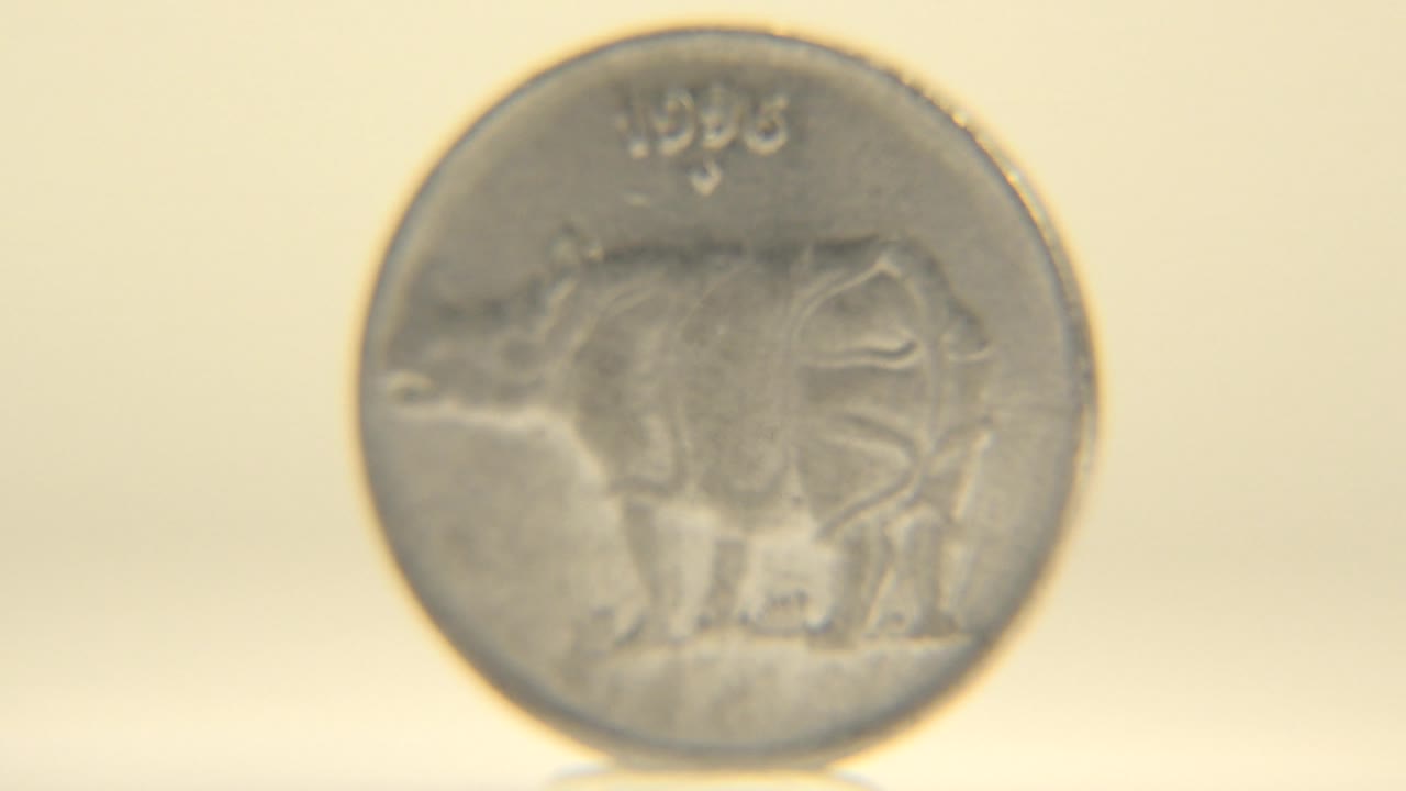 Upright coin with the animal design slightly shifted in rotation.