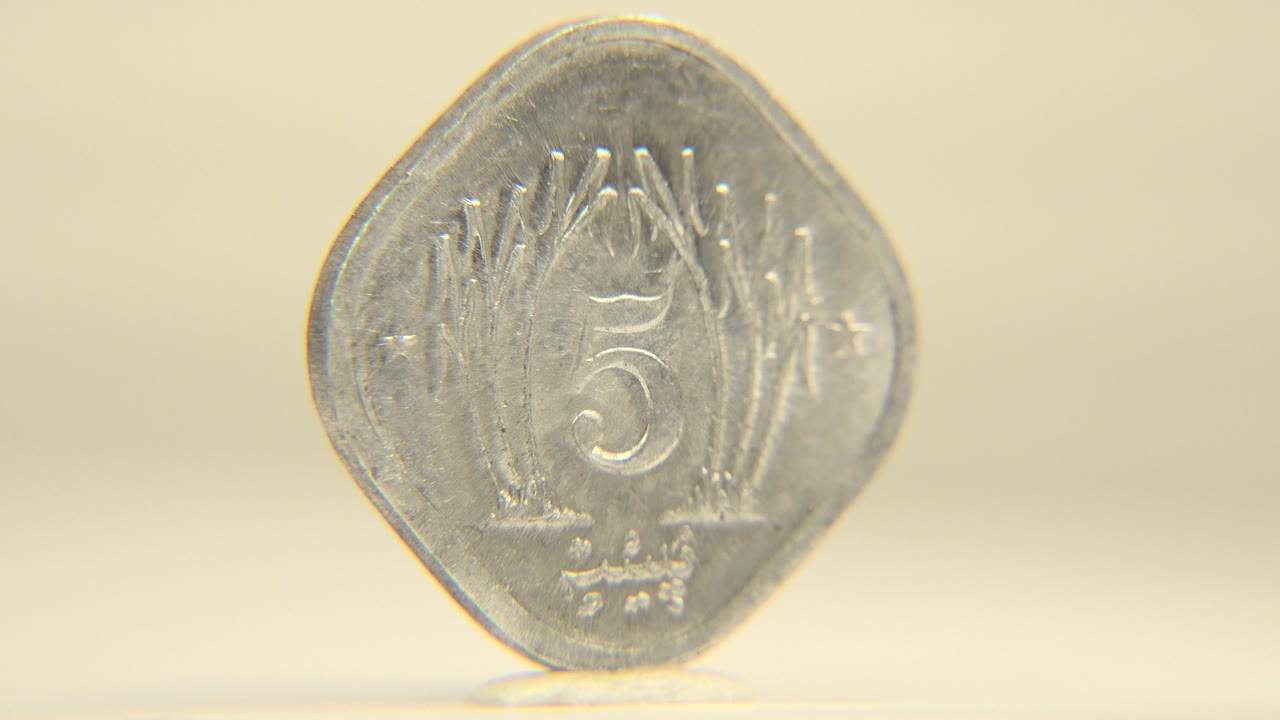 Coin face showing the number five and plant design.