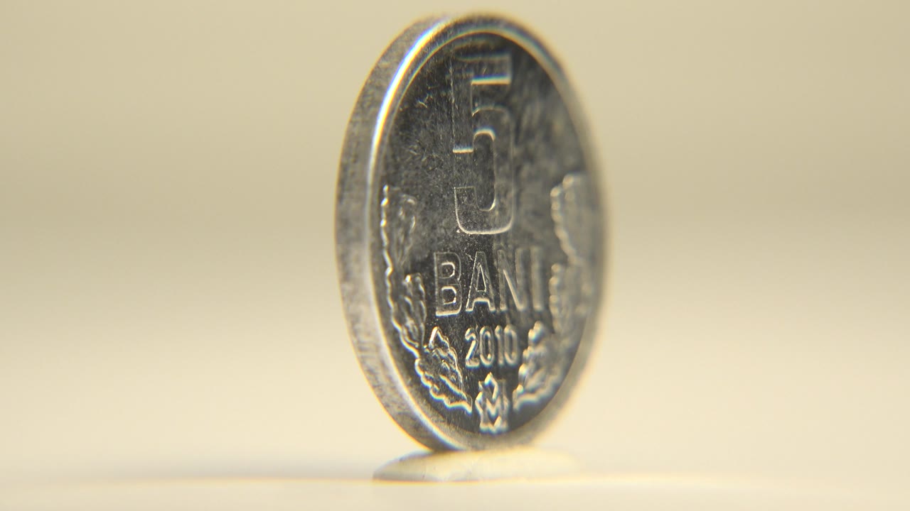 The coin has rotated to reveal the front face marked 5 BANI and 2010, standing upright against a warm cream background with no visible people.